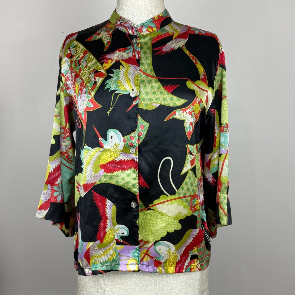 Natori Pajama Top Women Small Black Crane Print 3/4 Sleeve Mandarin Collar Silky